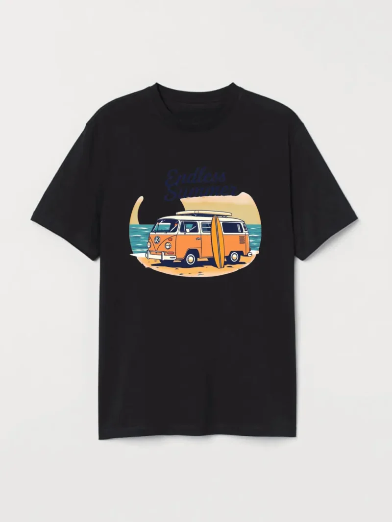 Retro Van And Surfboard Scene Bringing Road Trip Dreams Alive T-Shirt - Image 2
