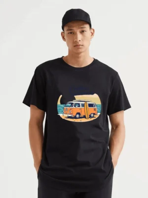 Retro Van And Surfboard Scene Bringing Road Trip Dreams Alive T-Shirt
