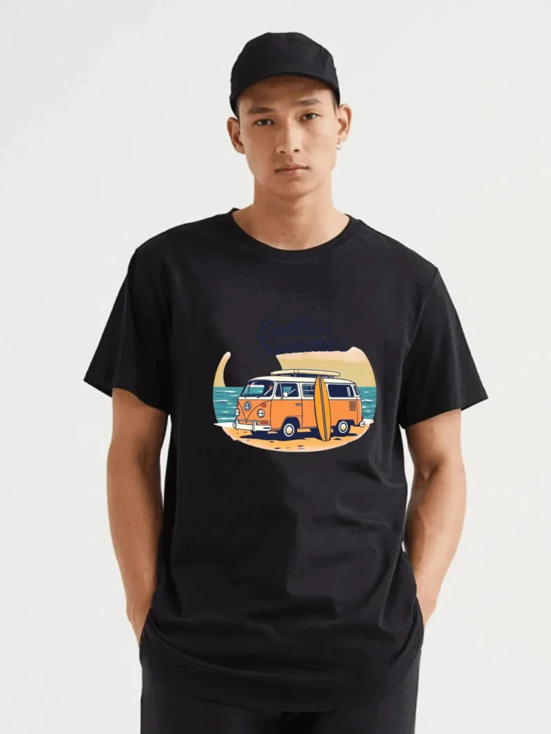 Retro Van And Surfboard Scene Bringing Road Trip Dreams Alive T-Shirt