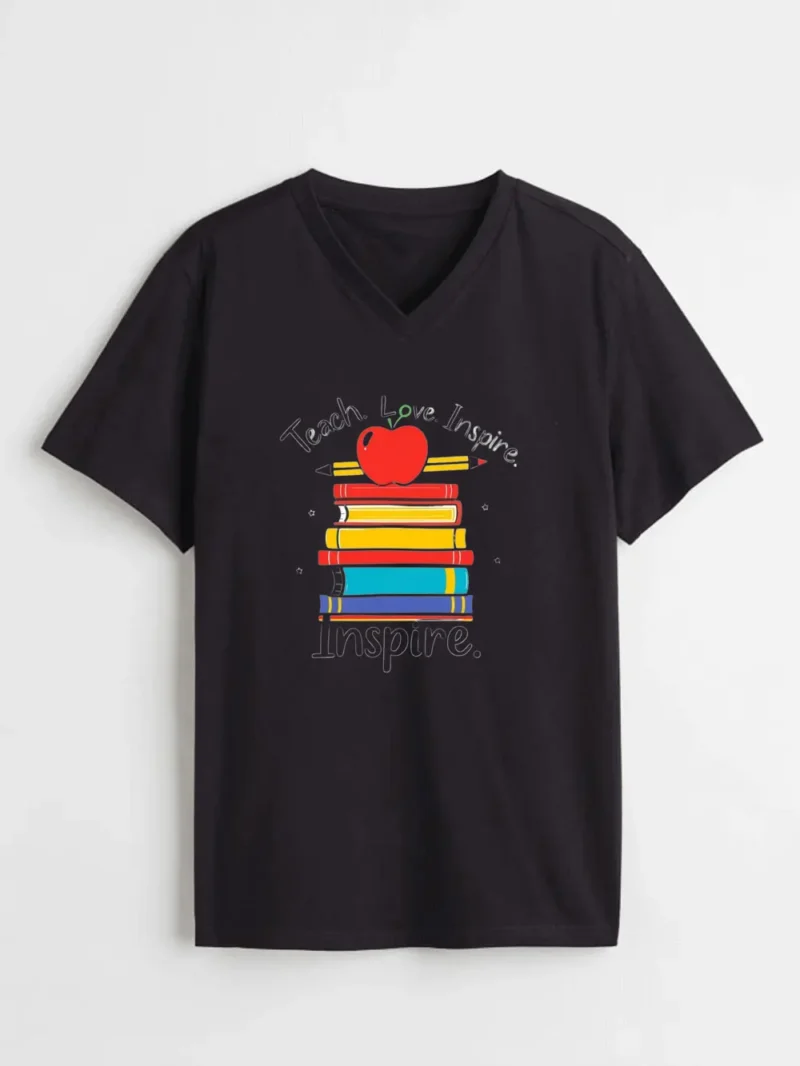 Stack Of Books With Apple And Pencil Perfect Tribute To Education T-Shirt - Image 2